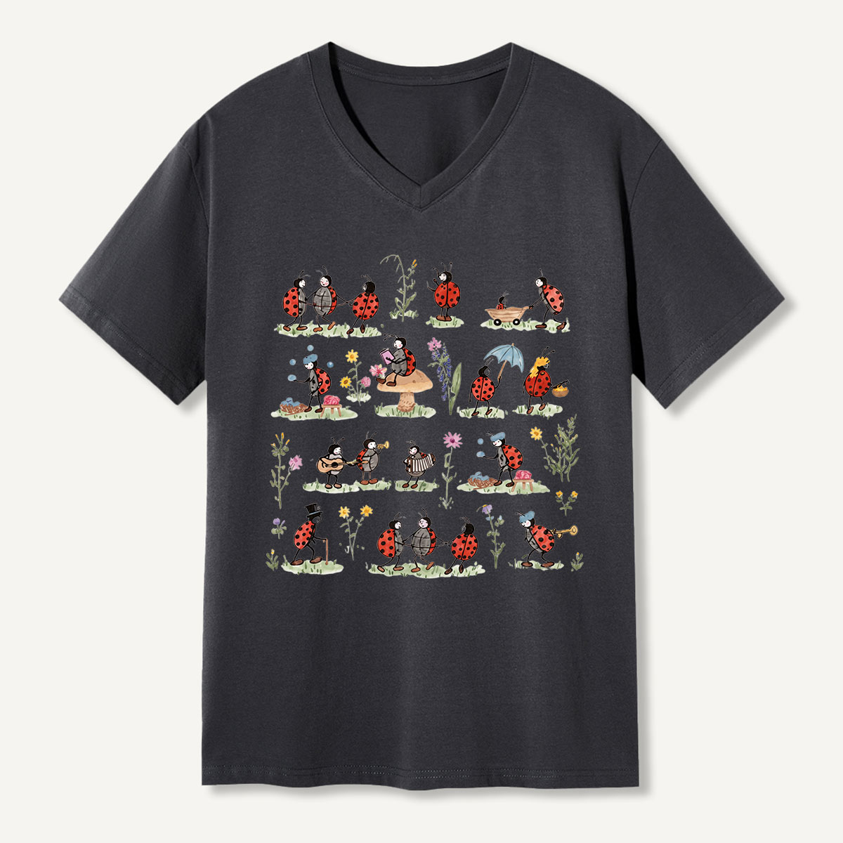 Ladybug and Flower Tee Washed V-neck T-Shirt