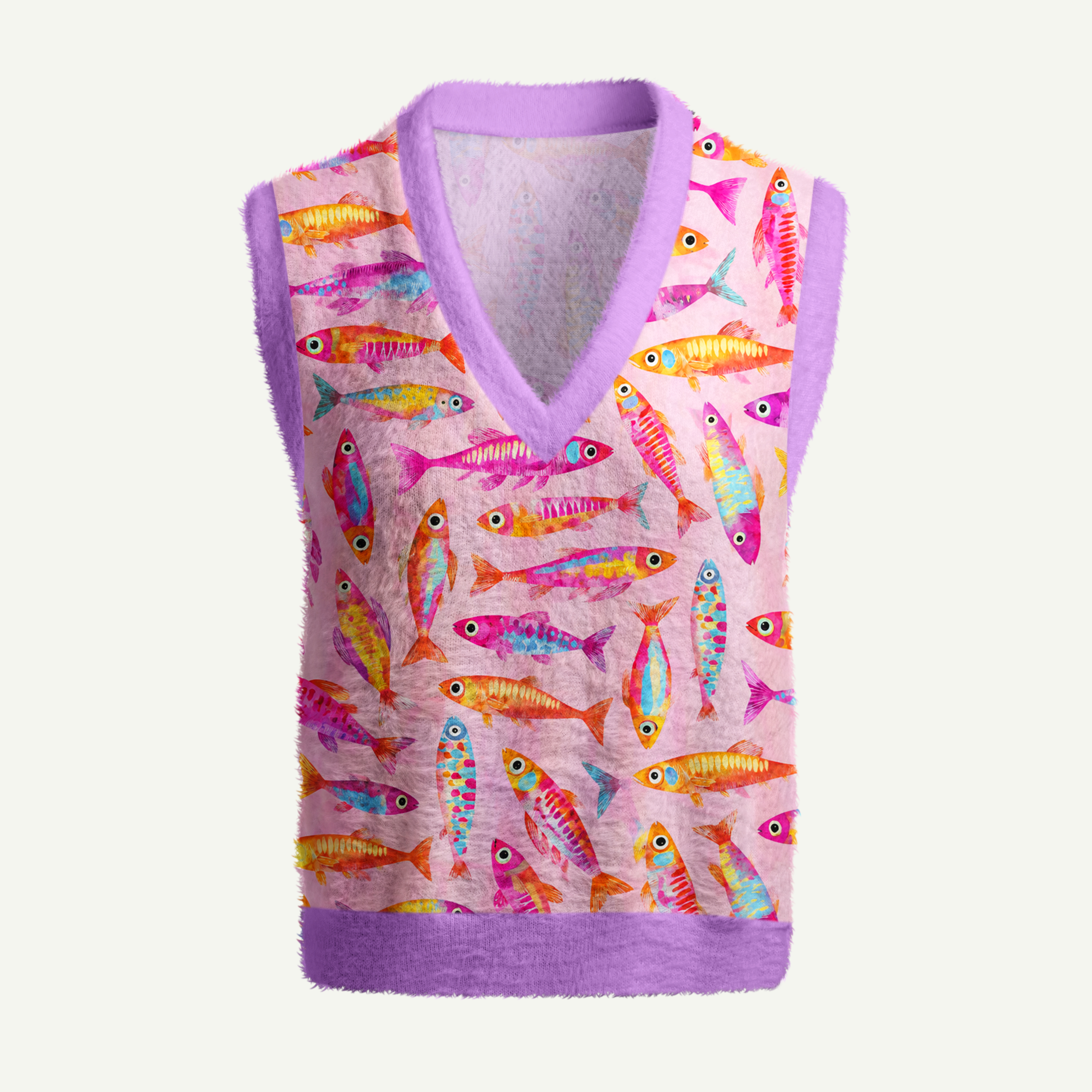 Colorful Tropical Fish Parade Women's Fuzzy Vest Sweater