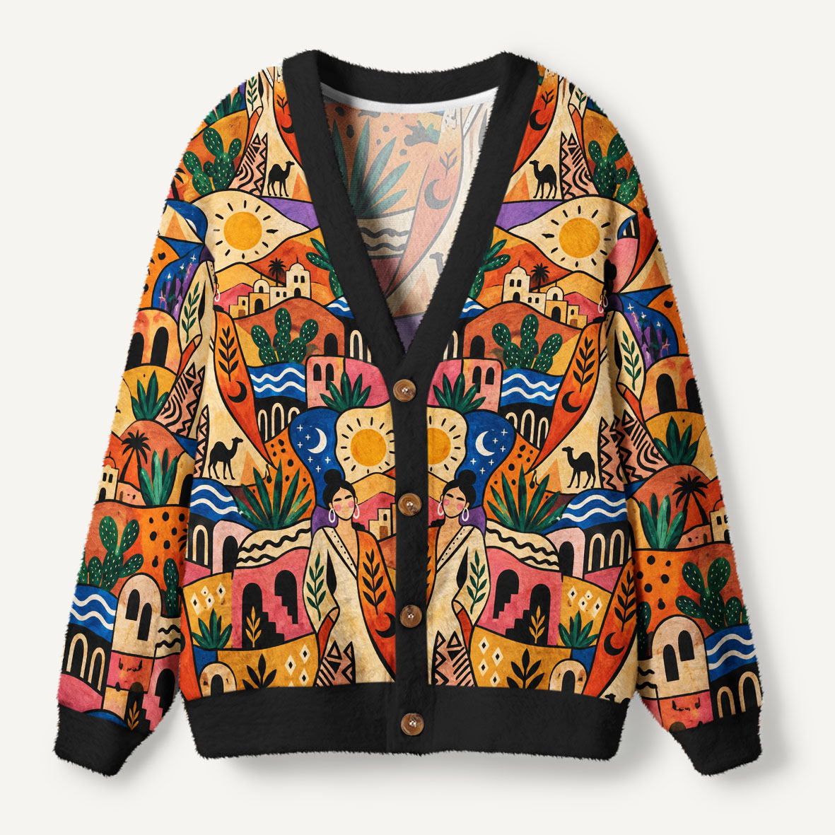 Desert Woman Under Sun And Moon Bohemian Art Ugly Cardigan Sweaters