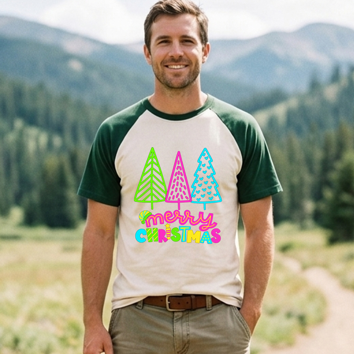 Merry Christmas Three Colorful Neon Trees Raglan T-Shirt