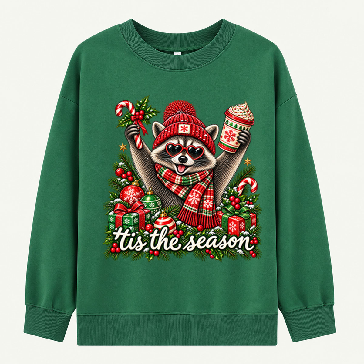 Tis The Season Festive Raccoon With Heart Sunglasses And Hot Cocoa Sweatshirts