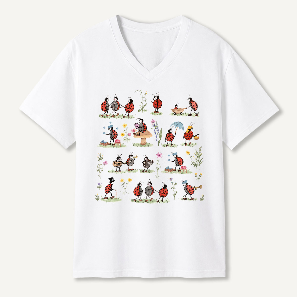 Ladybug and Flower Tee Washed V-neck T-Shirt