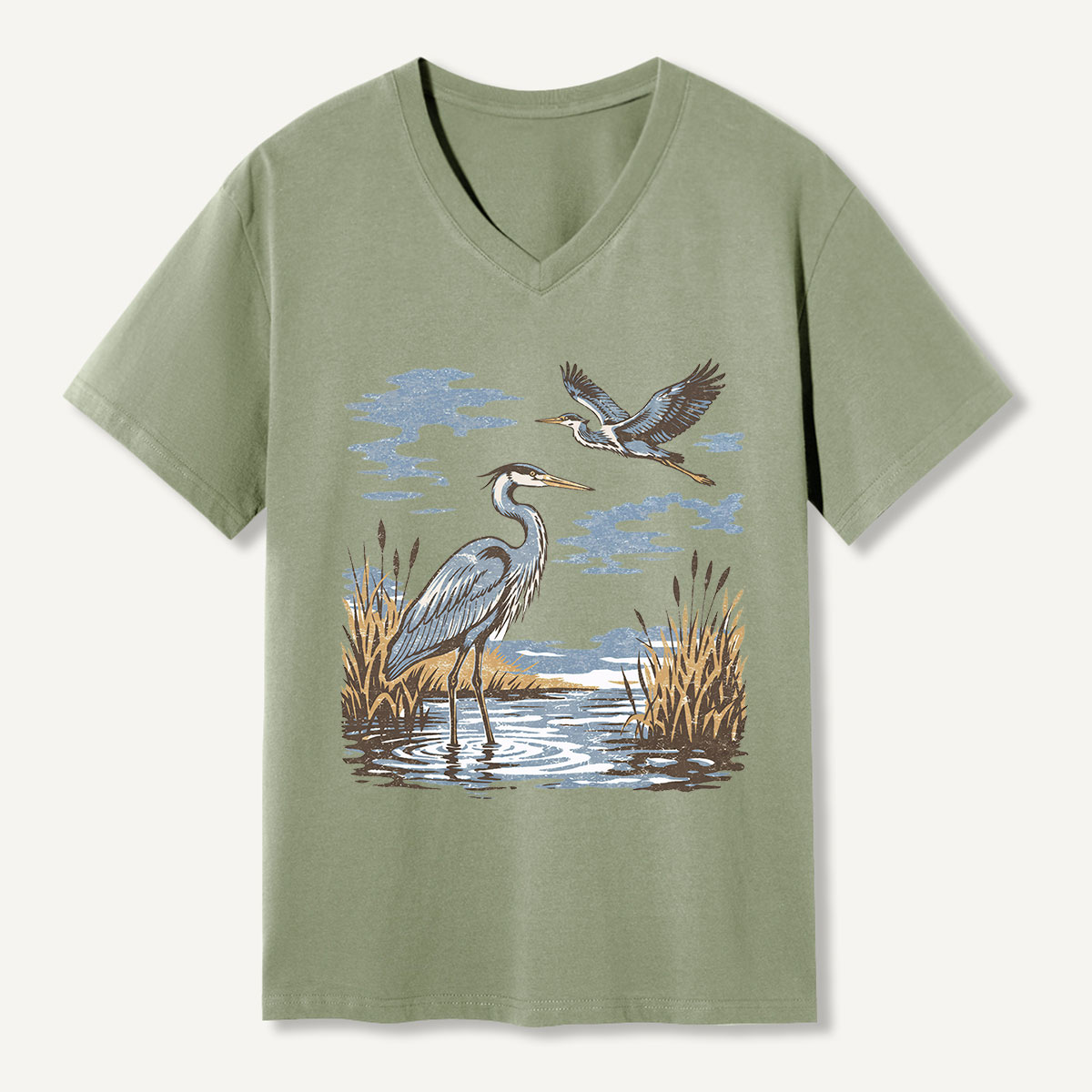 Vintage Heron Wetland Bird Nature V-neck T-Shirt