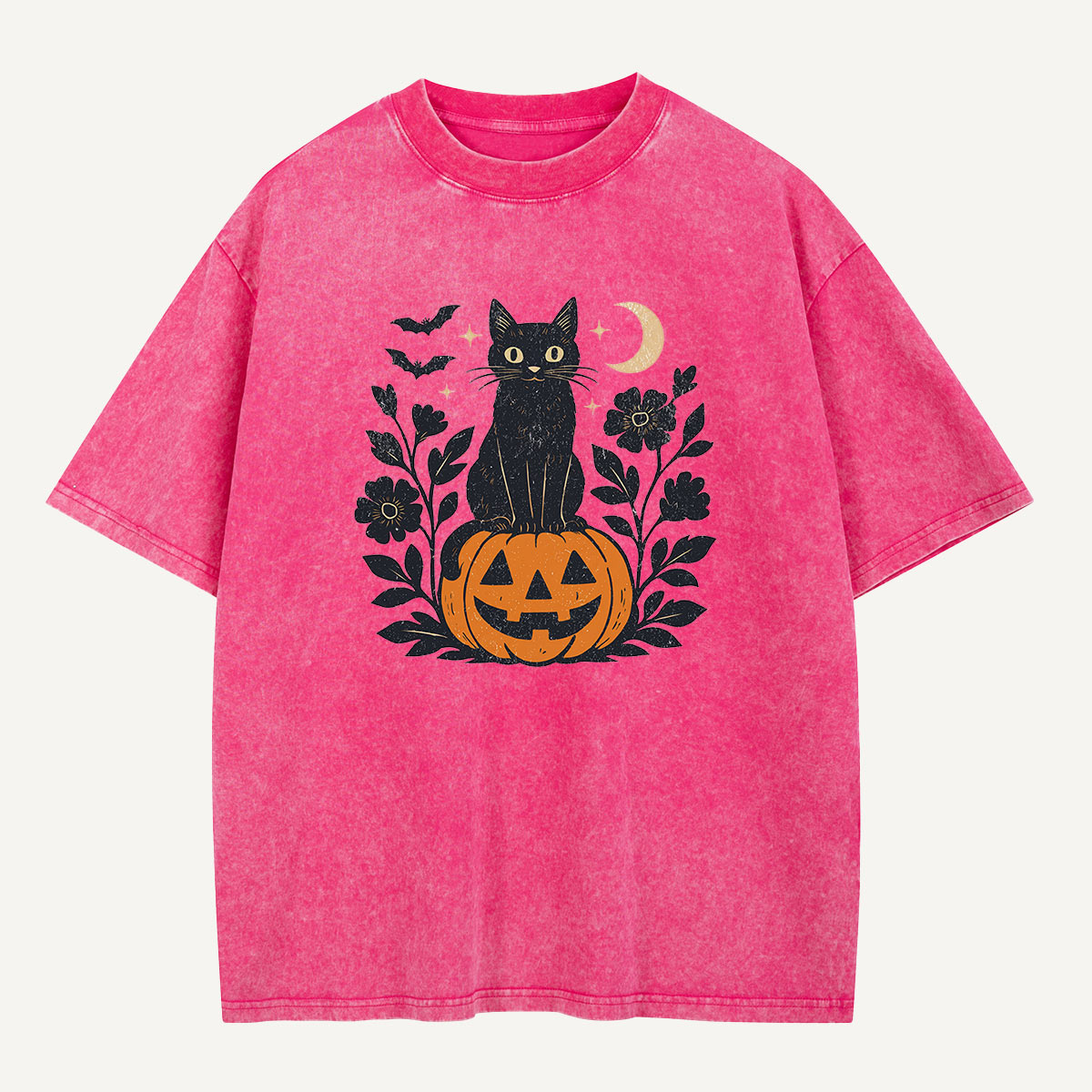 Black Cat on Pumpkin Watch Washed T-Shirt