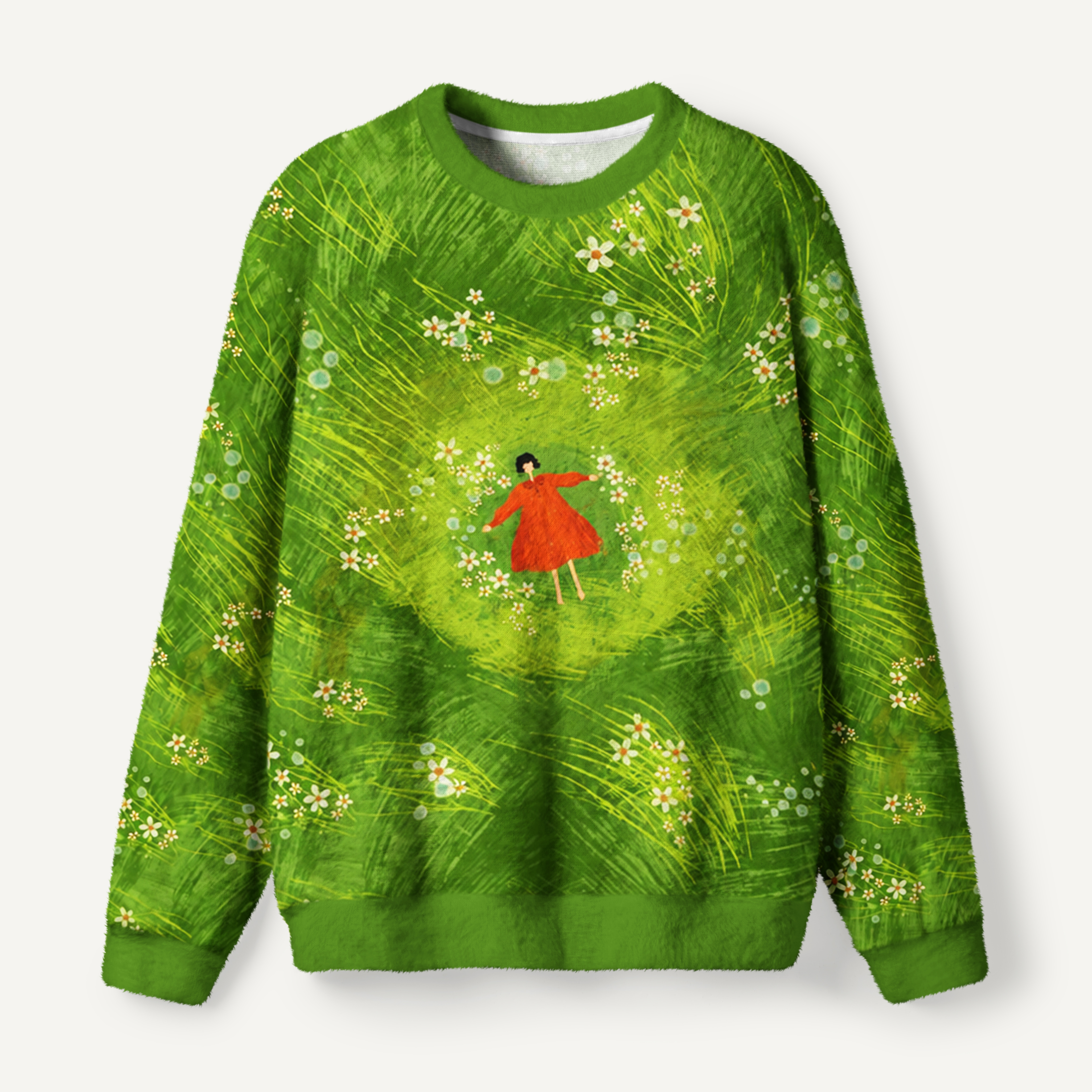 Girl Resting In Green Forest Ugly Fuzzy Fleece Sweatshirt