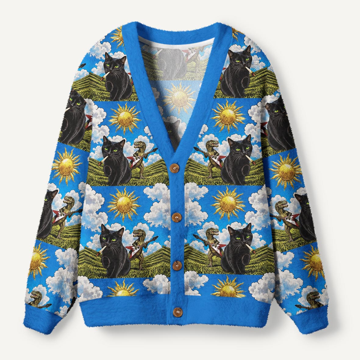 Black Cat And Guitar Playing Dinosaur Under The Sun Ugly Cardigan Sweaters