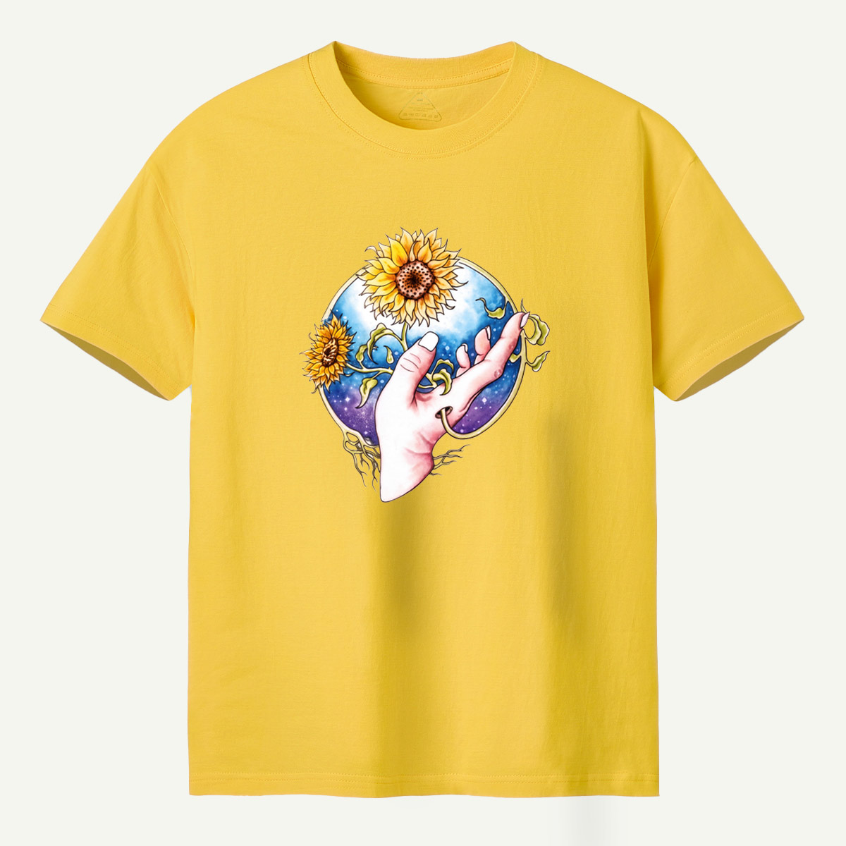 Sunflower Hand Galaxy Botanical Illustration T-Shirt