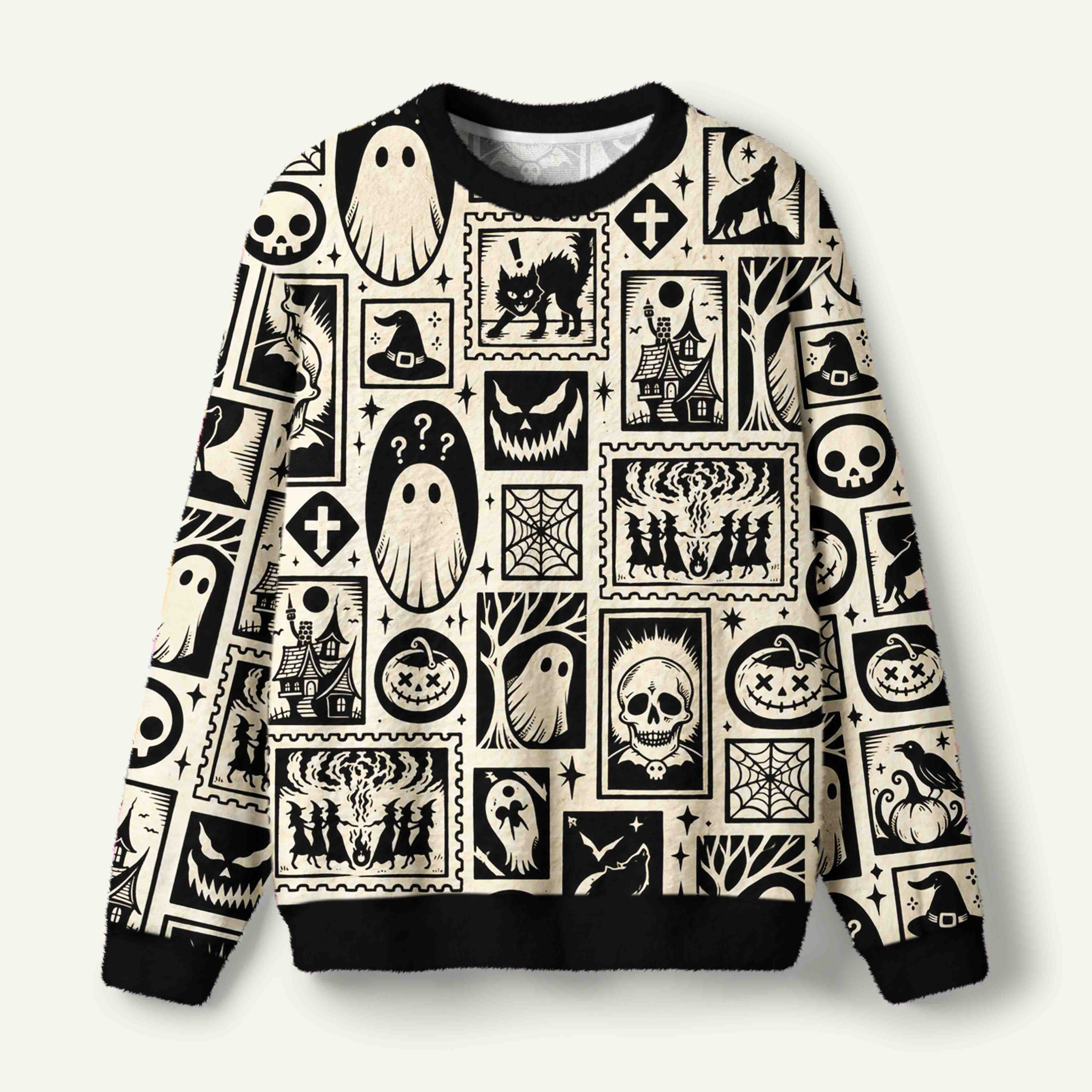 Vintage Halloween Ghosts Black Cats And Witch Stamp Collage Ugly Fuzzy Fleece Sweatshirt