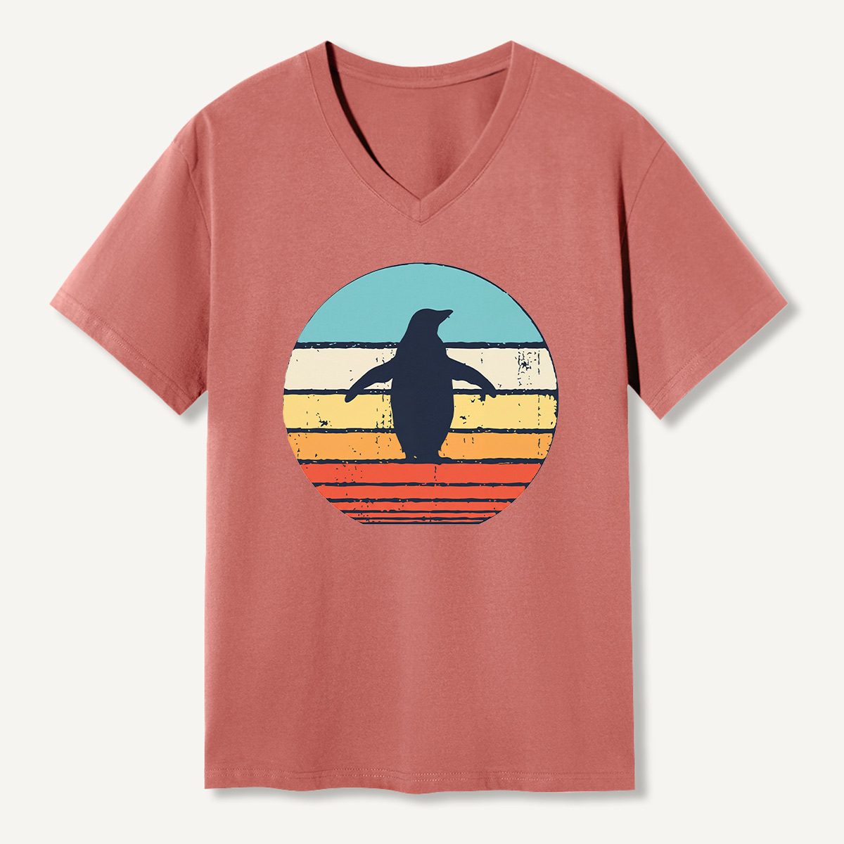 Lone Penguin Retro Sunset V-neck T-Shirt