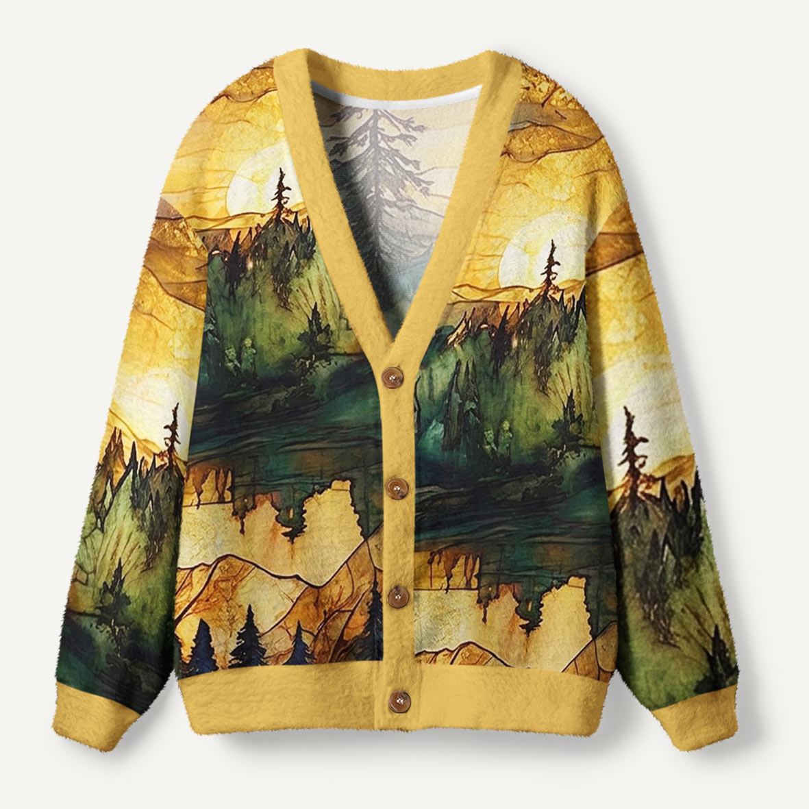 Sunset Alpine Forest Landscap Premium Ugly Cardigan Sweaters