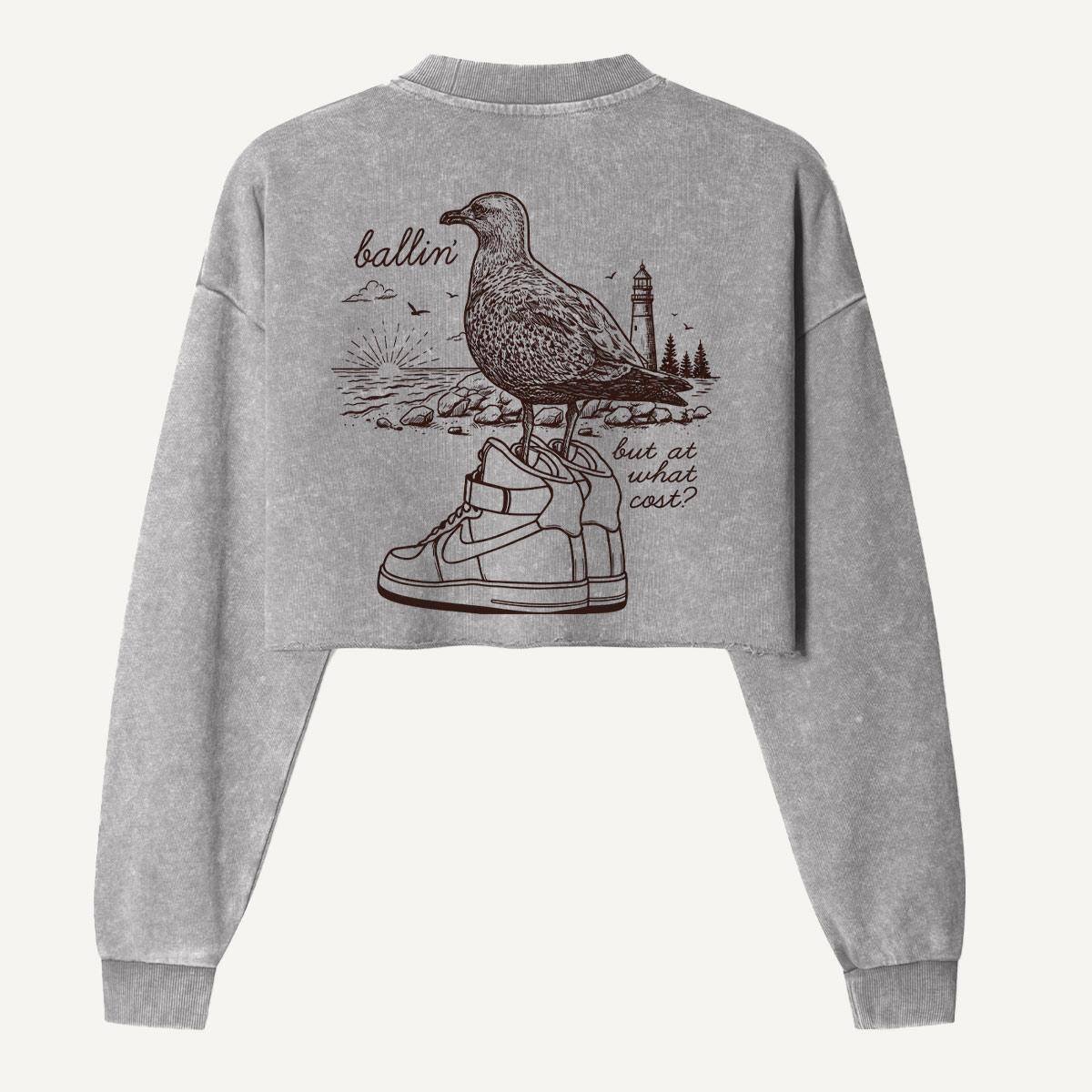 Seagull On A Sneaker Vintage Sketch Women's Washed Cropped Sweatshirt