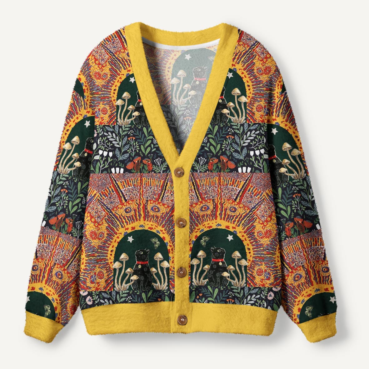 Mystical Black Cat And Mushrooms Under Psychedelic Sun Rays Ugly Cardigan Sweaters