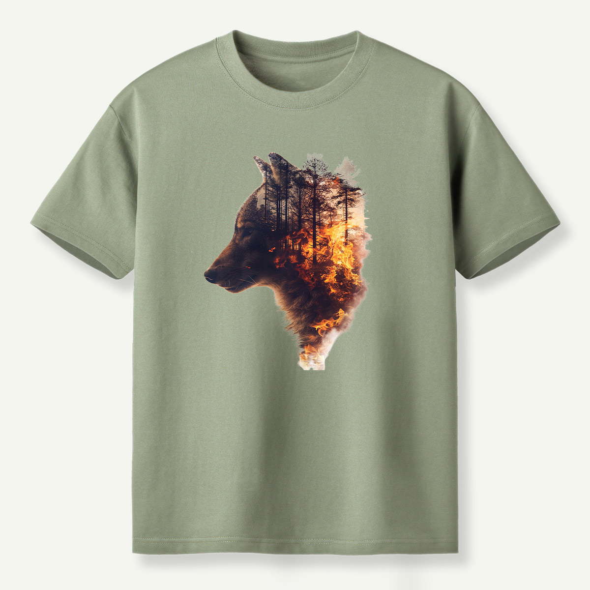 Wolf Forest Fire Double Exposure T-Shirt