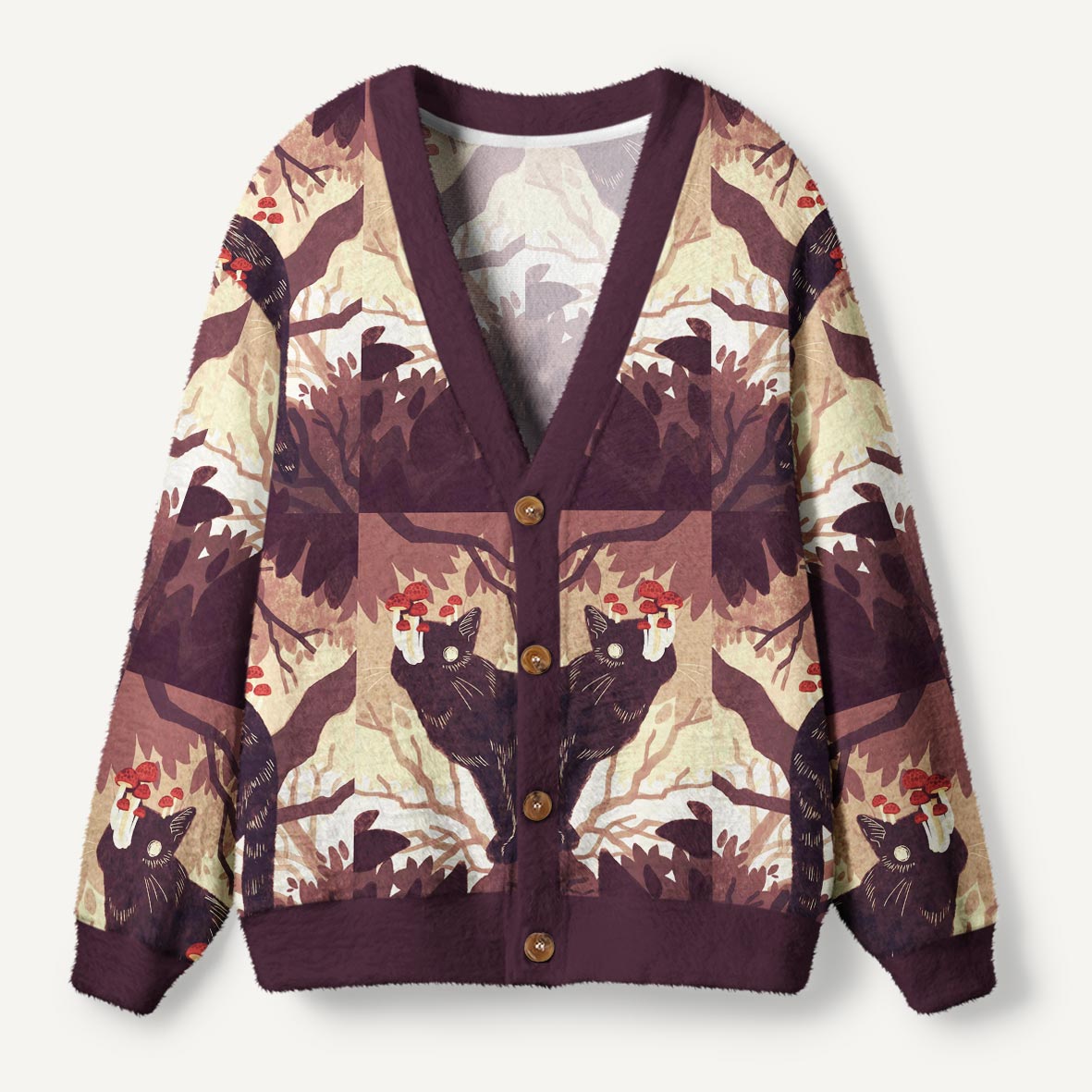 Black Cat With Growing Red Mushrooms Mystical Forest Art Ugly Cardigan Sweaters