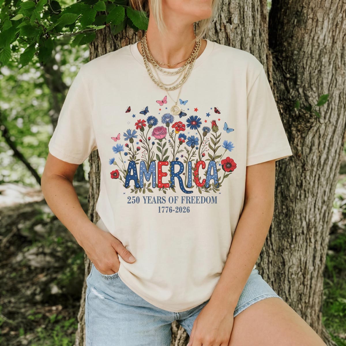 America 250 Years of Freedom 1776–2026 Floral T-Shirt