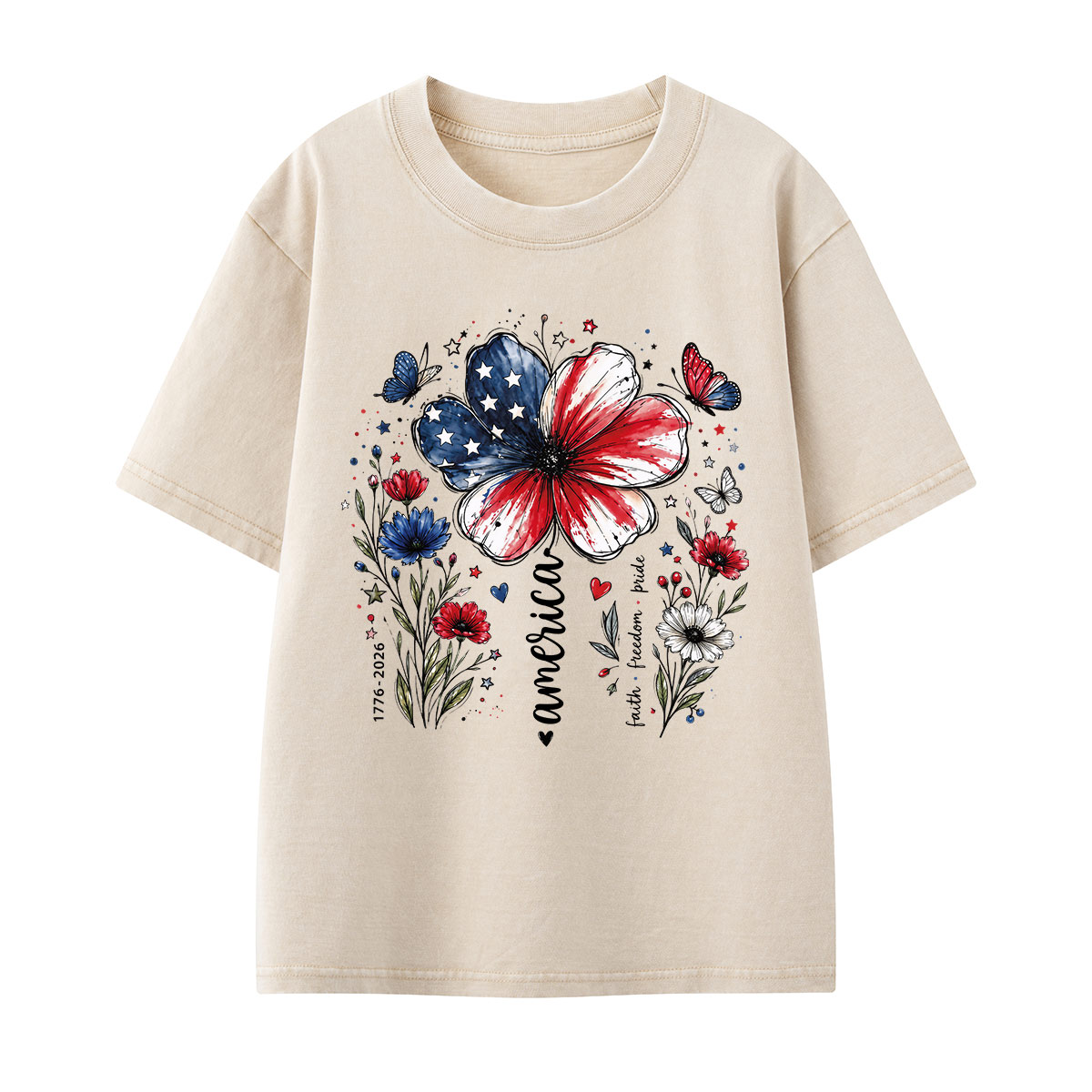 USA 250th Anniversary Floral Kids Washed T-Shirt