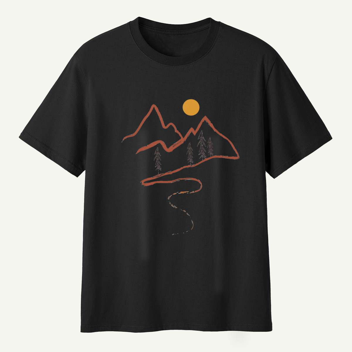 Minimal Mountain Sun Trail Line Art T-Shirt