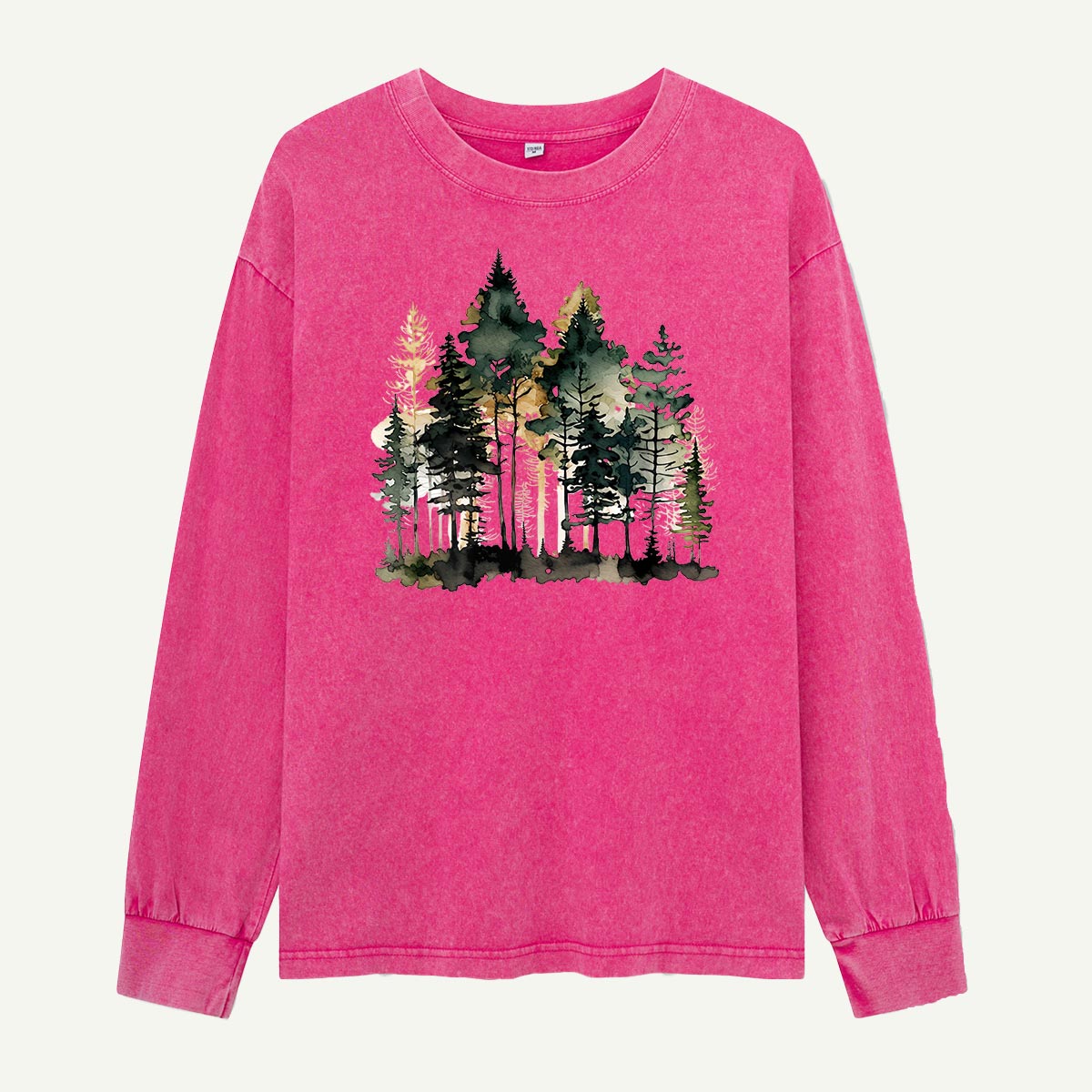 Watercolor Pine Forest Landscape Washed Long Sleeves