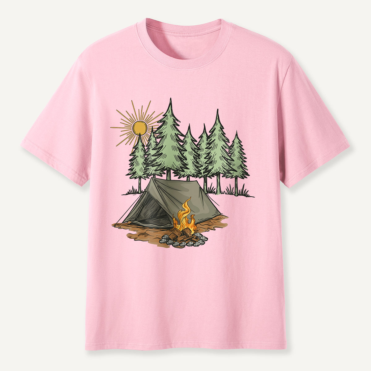 Sunny Forest Tent Campfire Illustration T-Shirt