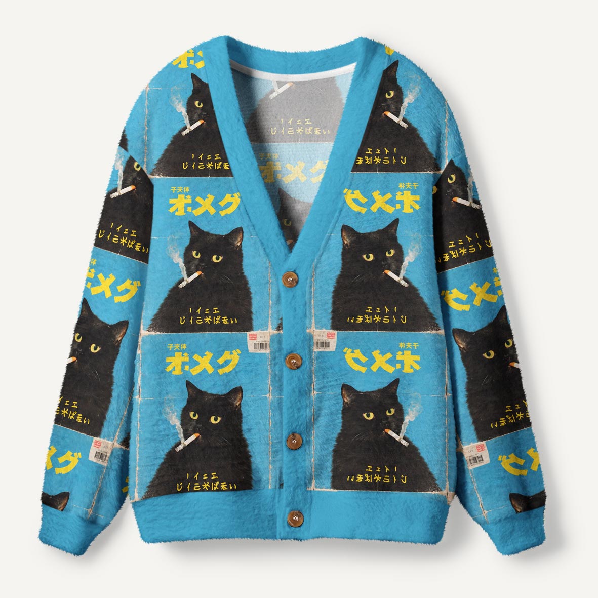 Vintage Japanese Black Cat With Cigarette Blue Retro Art Ugly Cardigan Sweaters