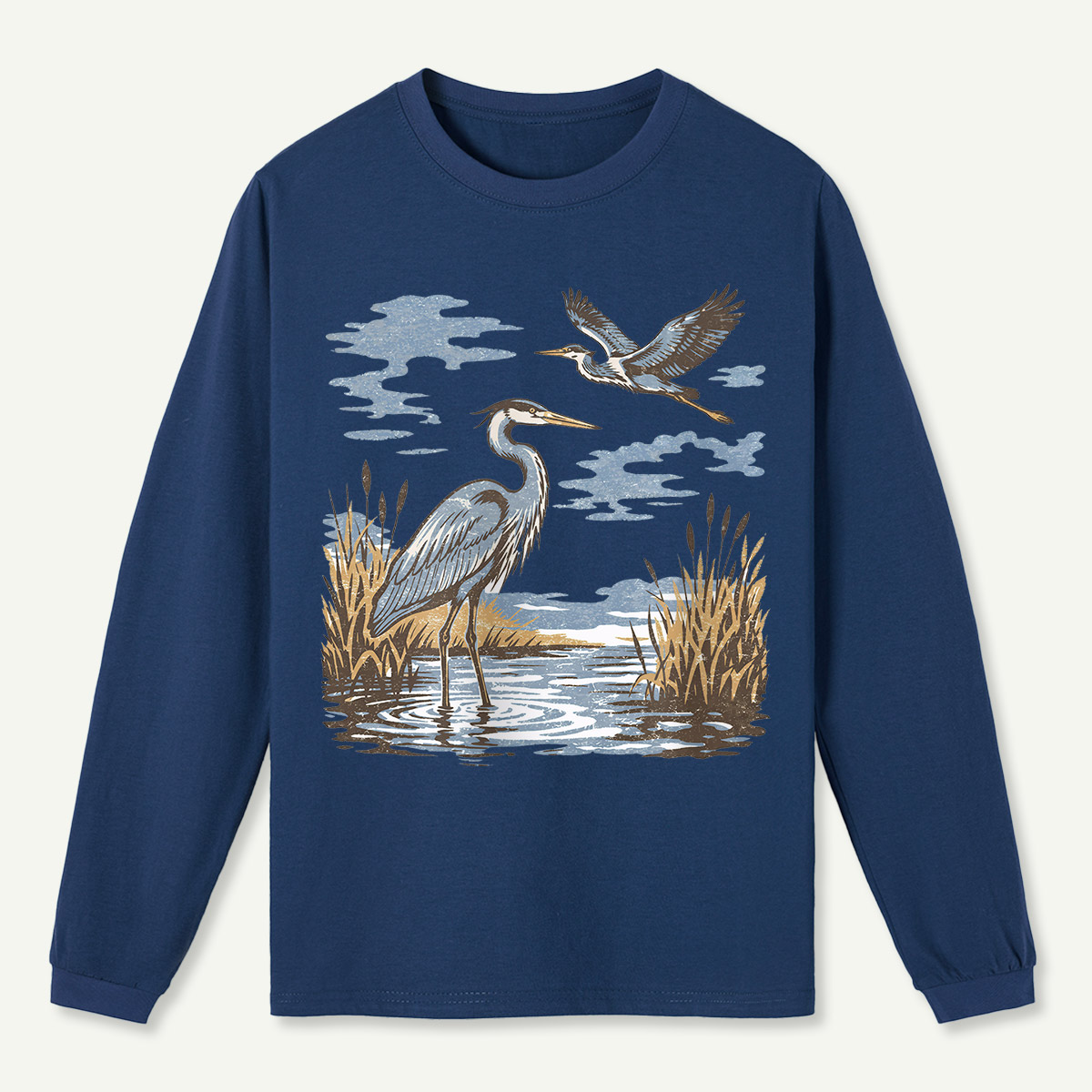 Vintage Heron Wetland Bird Nature  Long Sleeve T-Shirt