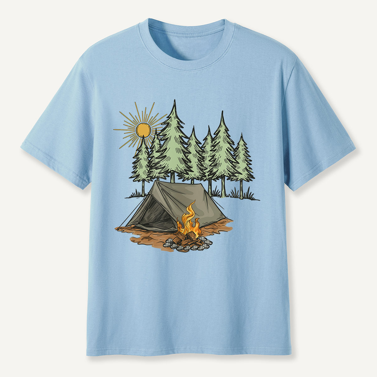 Sunny Forest Tent Campfire Illustration T-Shirt