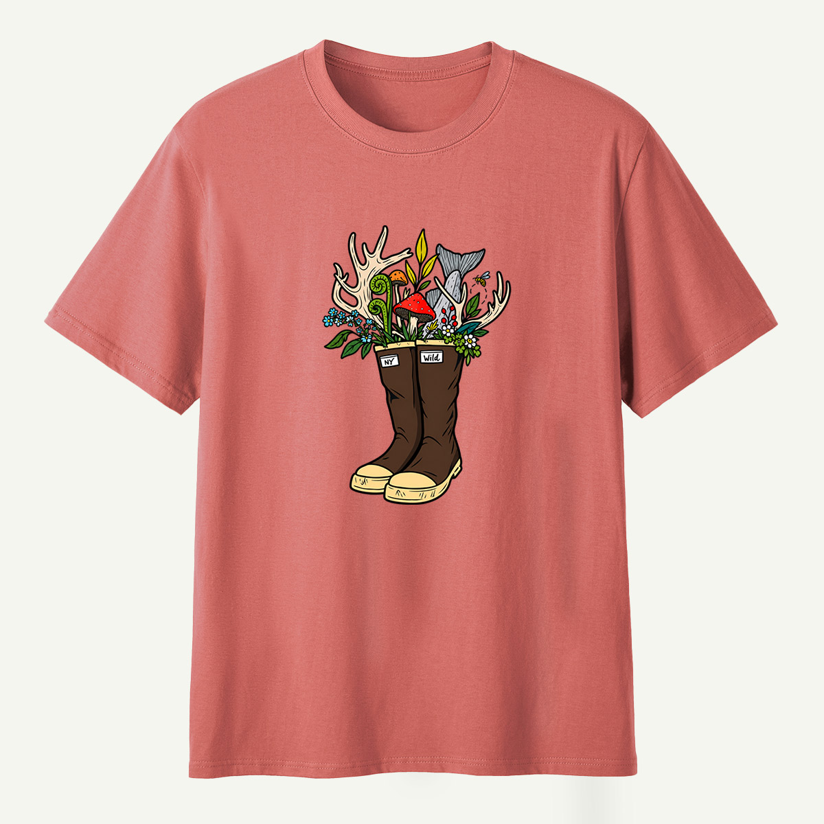 Wild Boots Antlers Mushroom Forest Botanical Arrangement T-Shirt