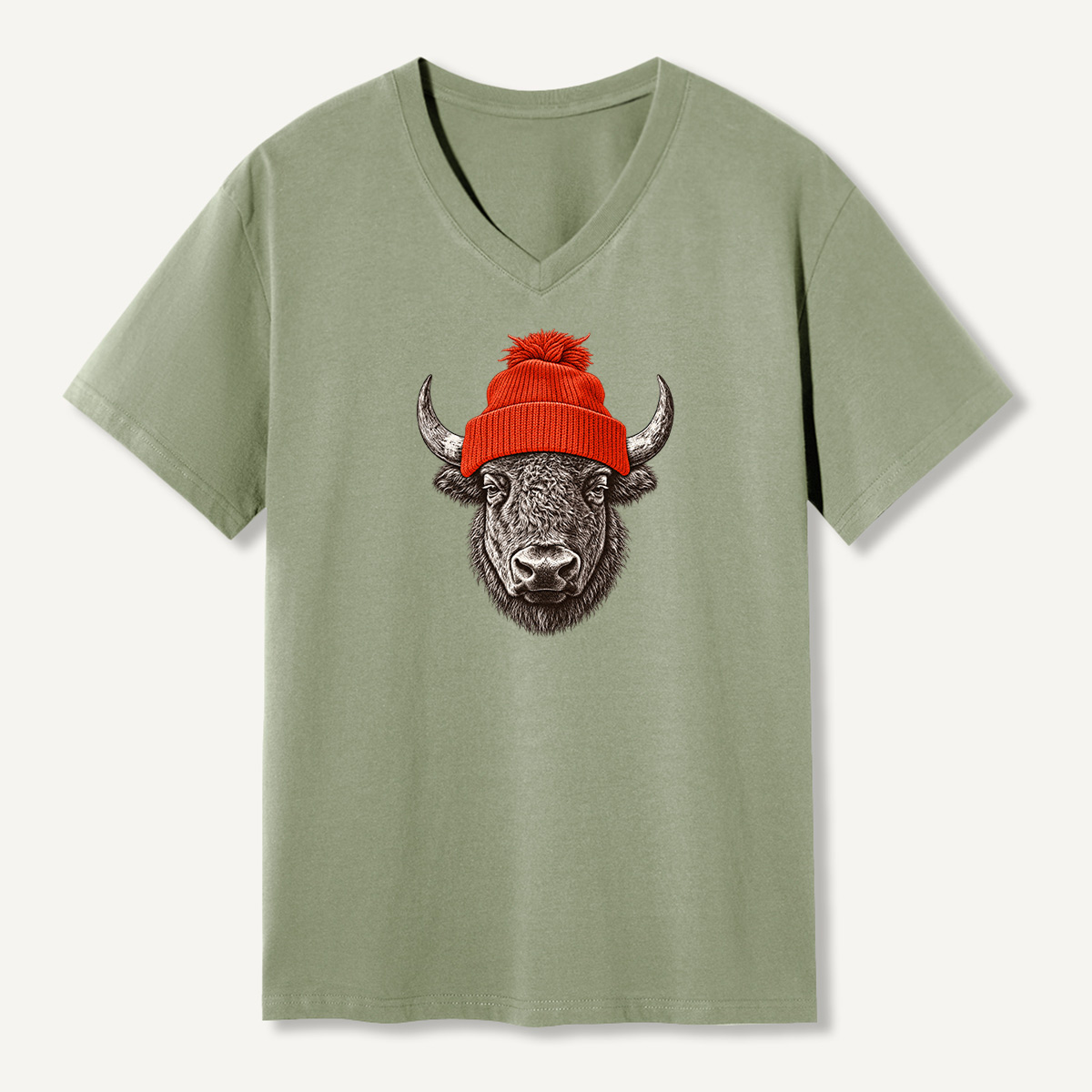 Winter Beanie Bison Portrait V-neck T-Shirt