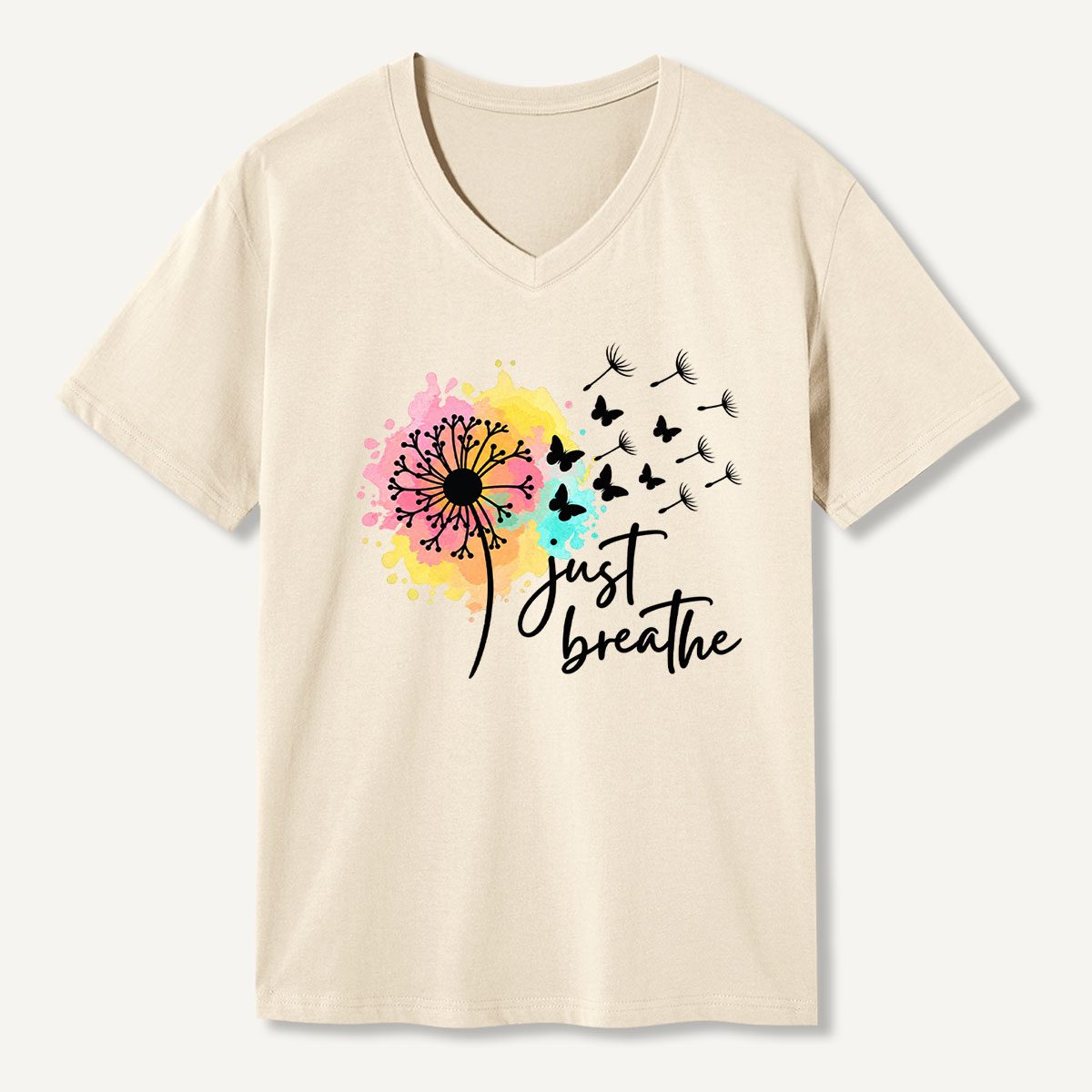 Just Breathe Colorful Dandelion Tree Graphic V-neck T-Shirt
