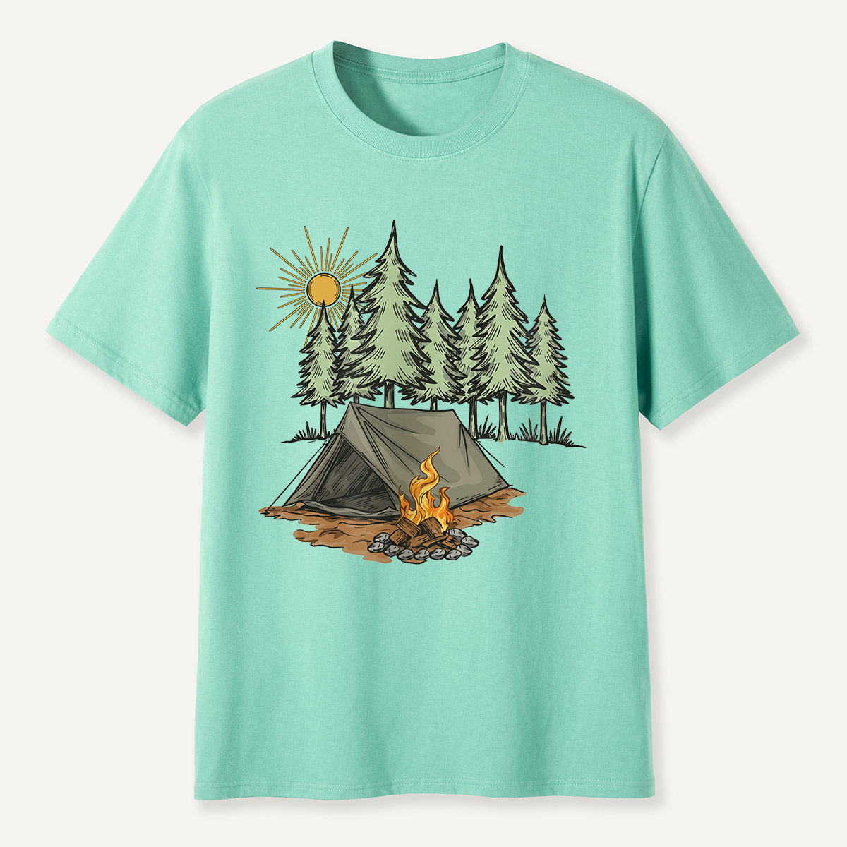 Sunny Forest Tent Campfire Illustration T-Shirt