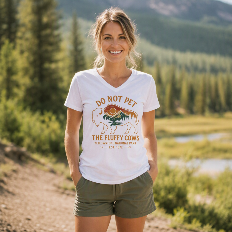 Do Not Pet The Fluffy Cows Buffalo Yellowstone National V-neck T-Shirt