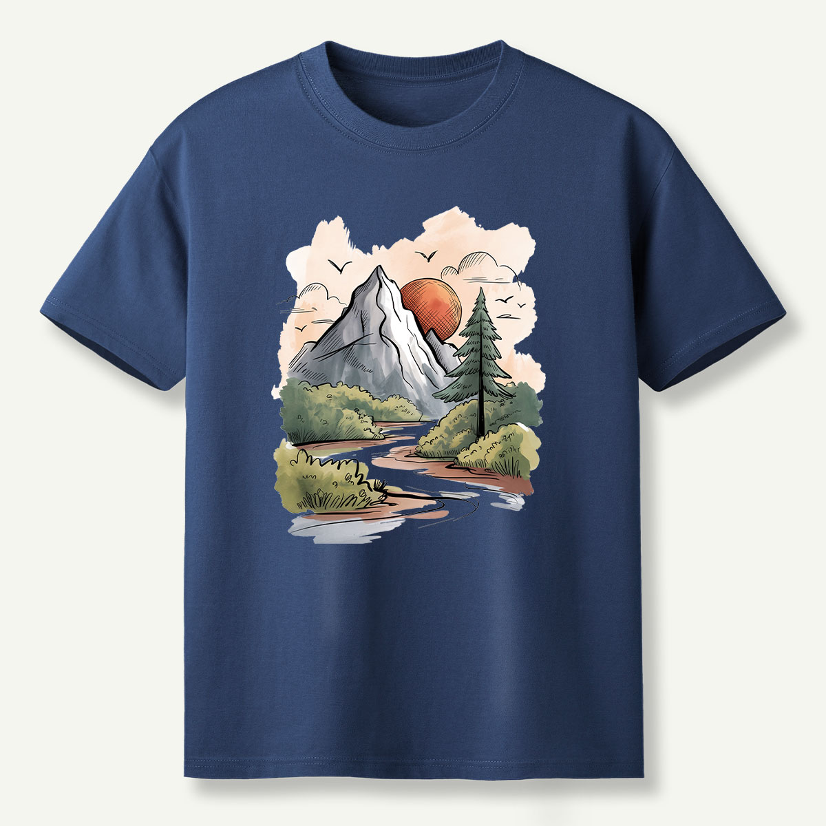 Mountain River Sunset Watercolor Landscape T-Shirt