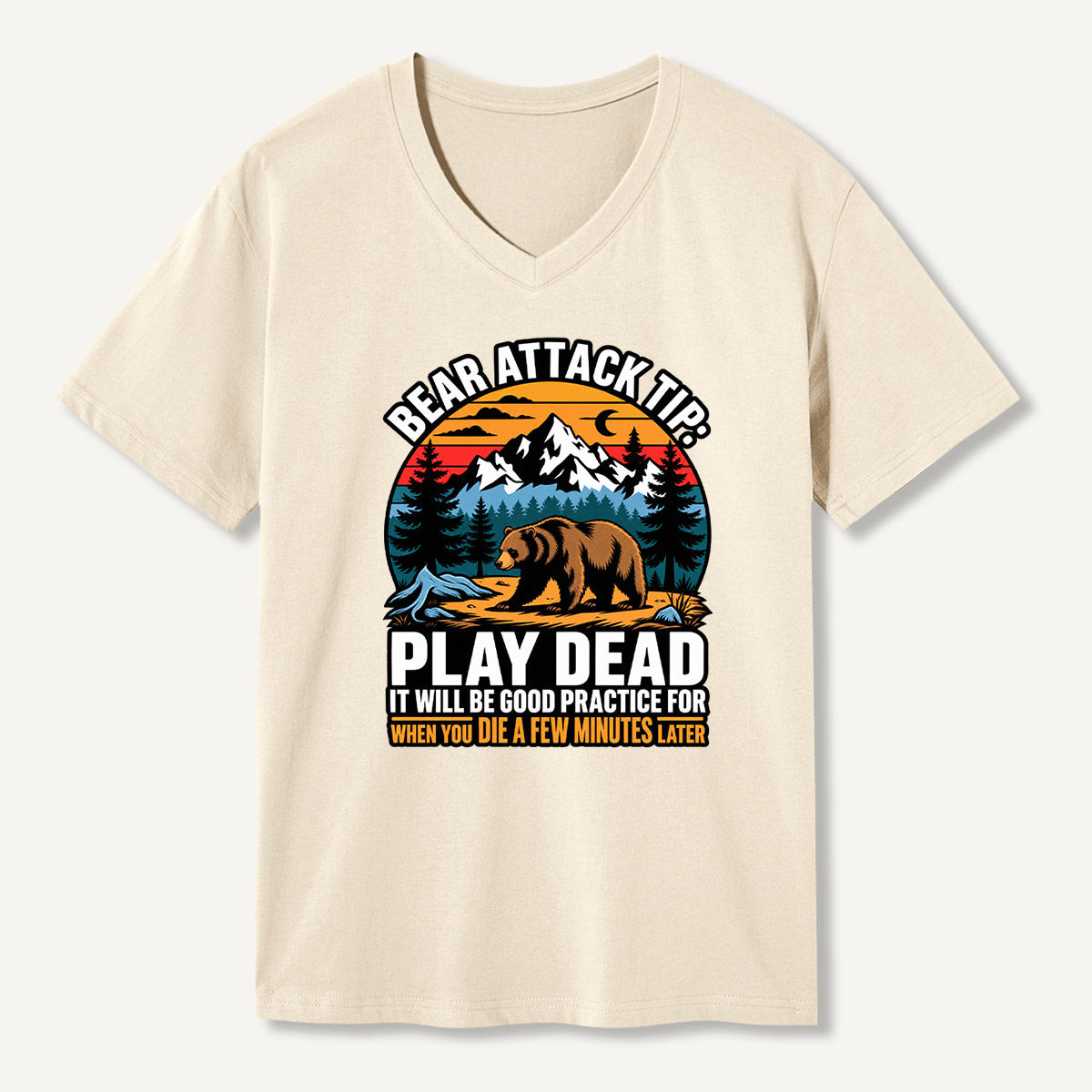 Bear Attack Tip Play Dead Vintage Survival Graphic V-neck T-Shirt