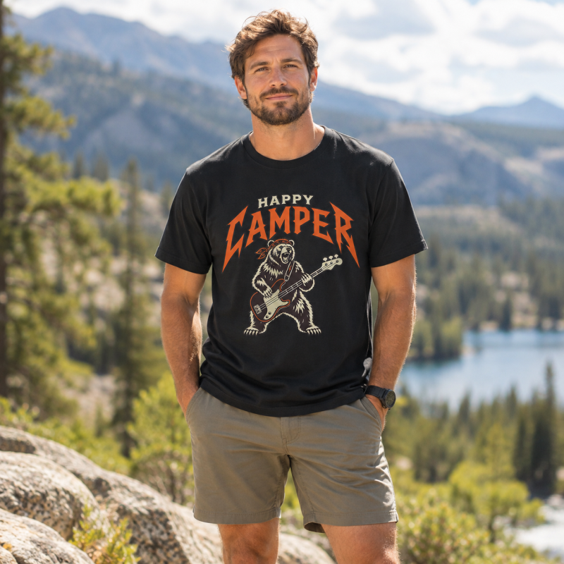 Happy Camper Rock Bear Bass Guitar T-Shirt