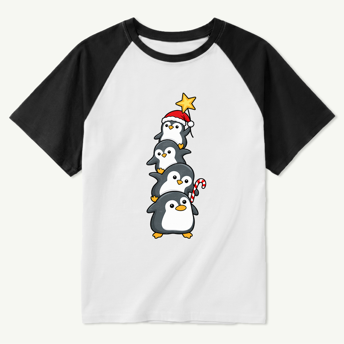 Four Cute Penguins Stacked As A Christmas Tree Raglan T-Shirt