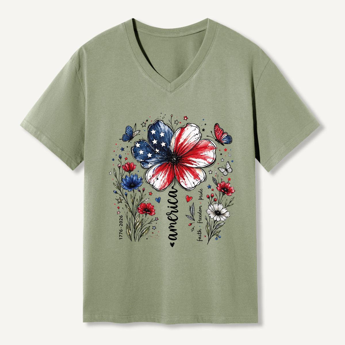 USA 250th Anniversary Floral V-neck T-Shirt