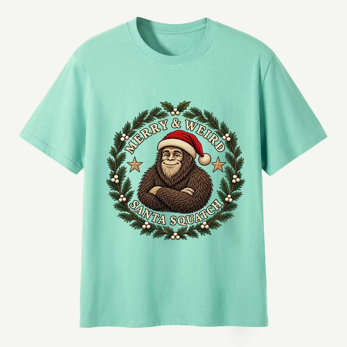 Merry And Weird Santa Squatch Christmas Wreath T-Shirt