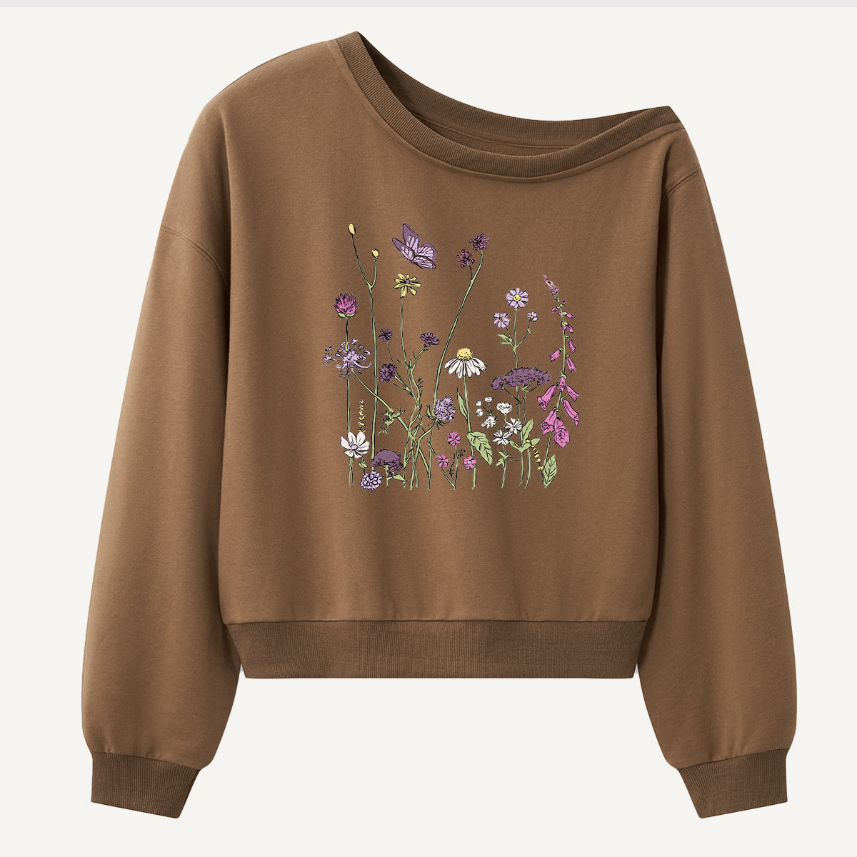 Wildflower Meadow Botanical Sketch Women Off Shoulder Sweatshirt