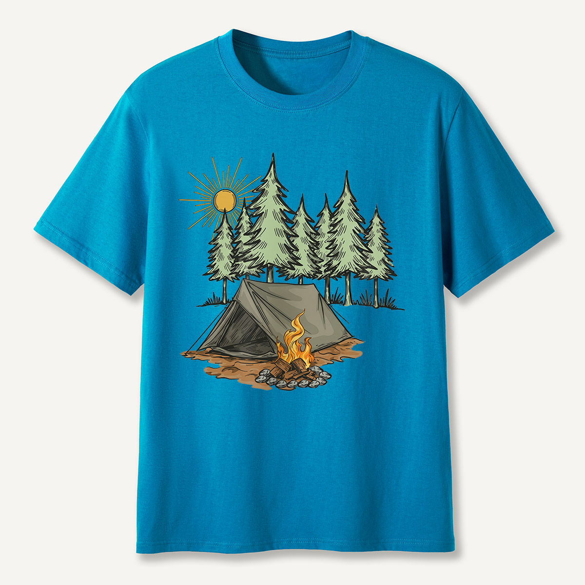 Sunny Forest Tent Campfire Illustration T-Shirt