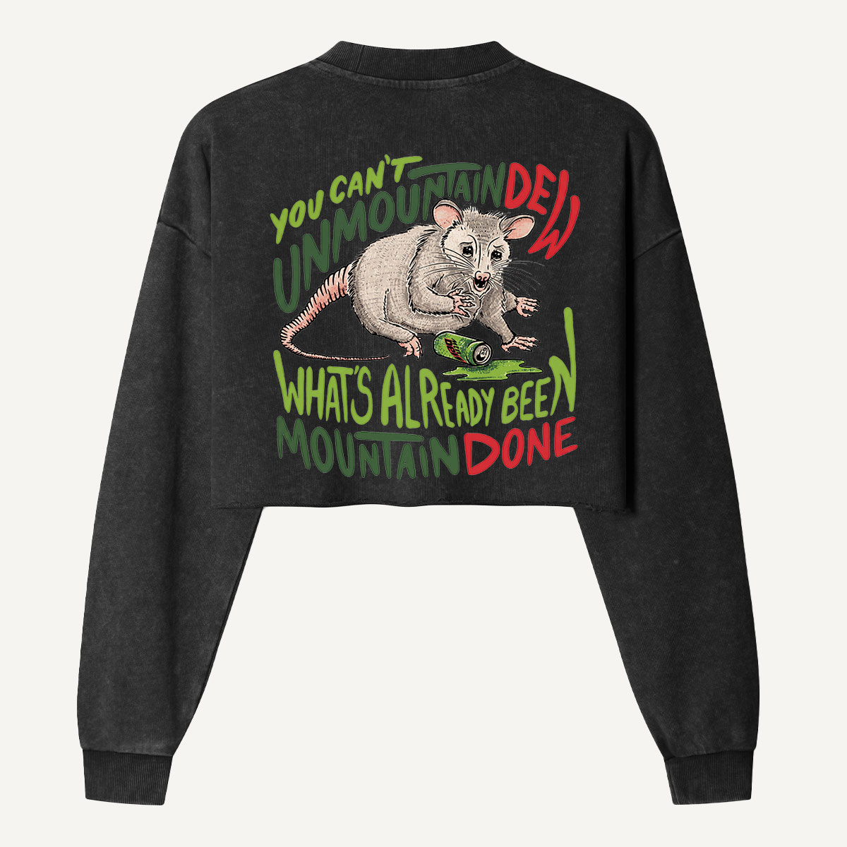 Mountain Done Opossum Retro Parody Women's Washed Cropped Sweatshirt
