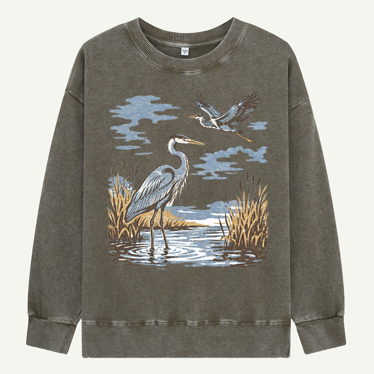 Vintage Heron Wetland Bird Nature Washed Sweatshirts