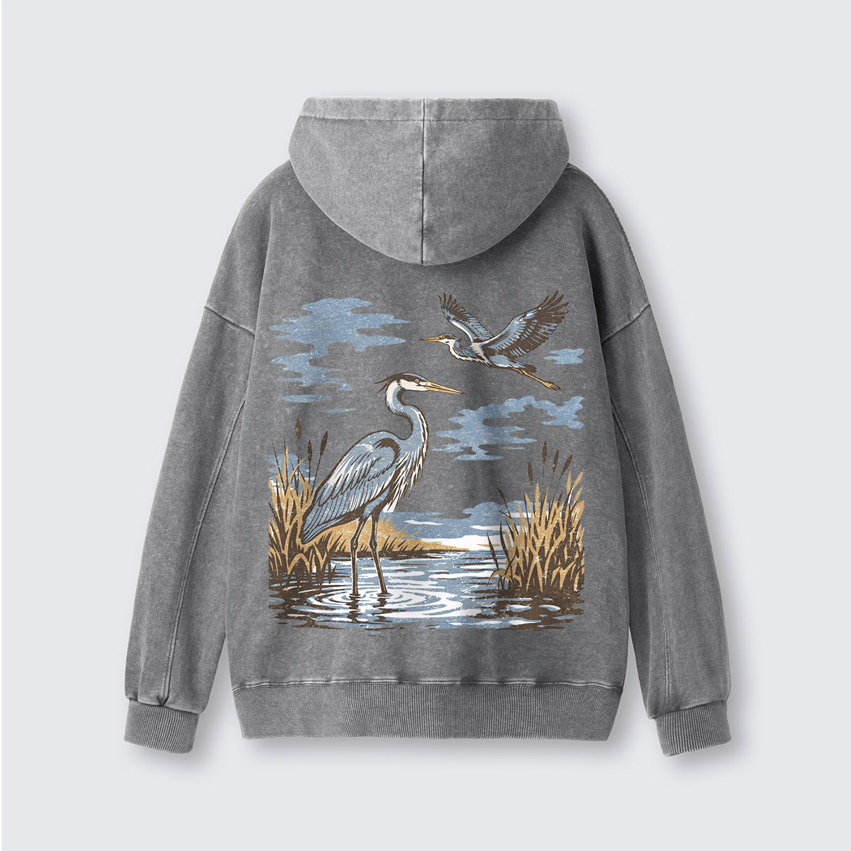 Vintage Heron Wetland Bird Nature Washed Hoodie