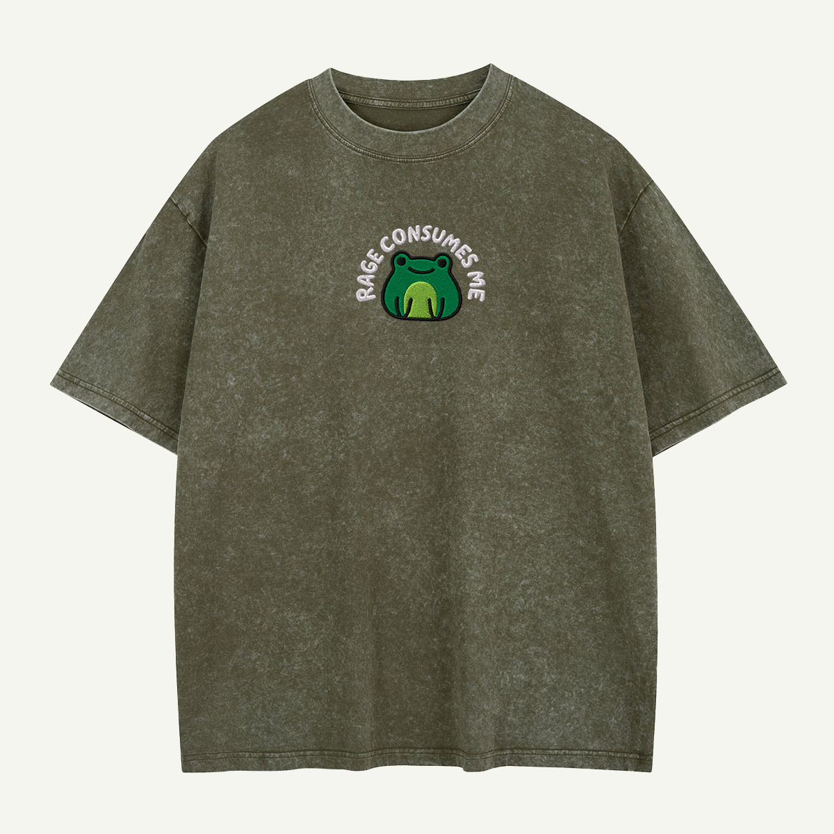 Rage Consumes Me Funny Frog Graphic Embroidered Washed T-Shirt