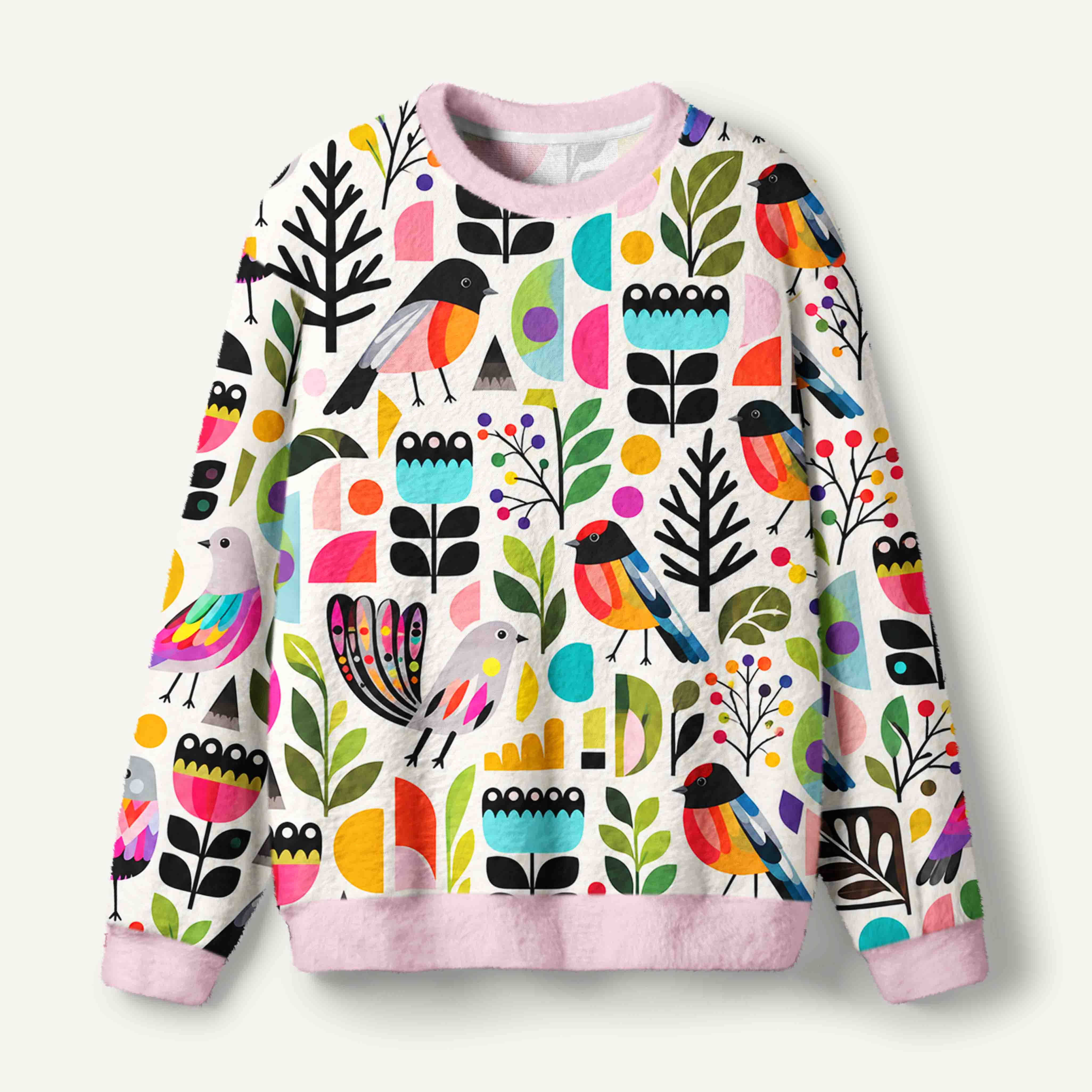 Colorful Folk Art Birds And Geometric Floral Collage Ugly Fuzzy Fleece Sweatshirt