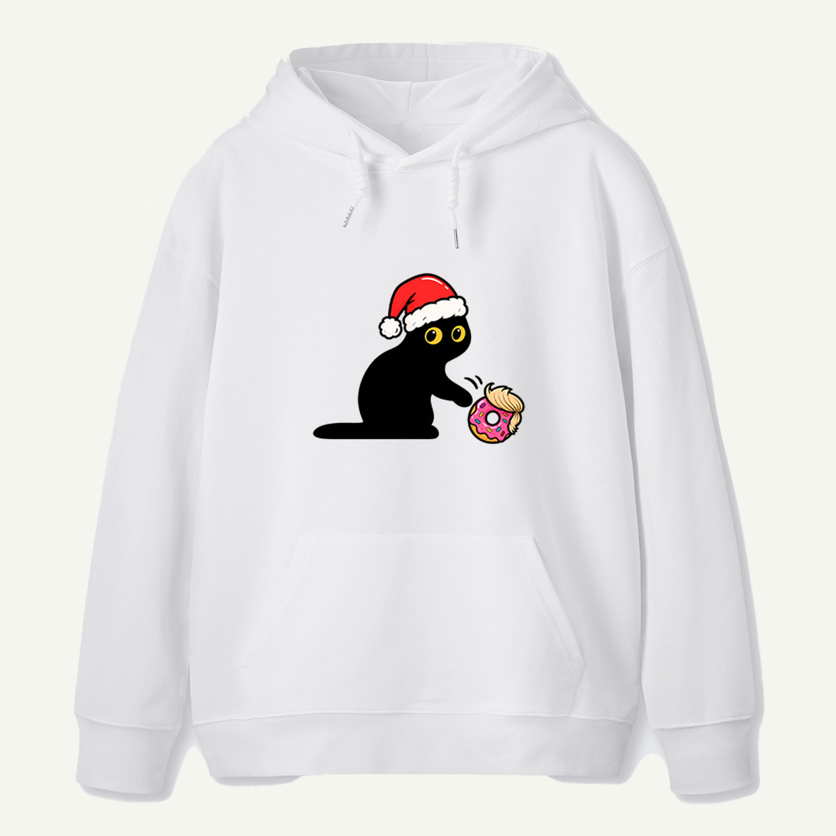 Mischievous Black Cat In Santa Hat Playing With Pink Donut Hoodie