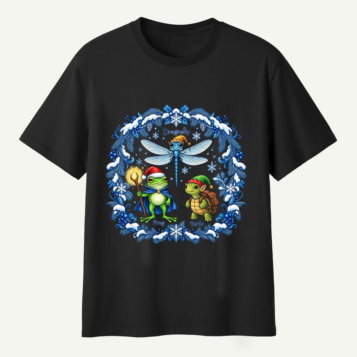 Fantasy Winter Forest Dragonfly Frog And Turtle Companions T-Shirt