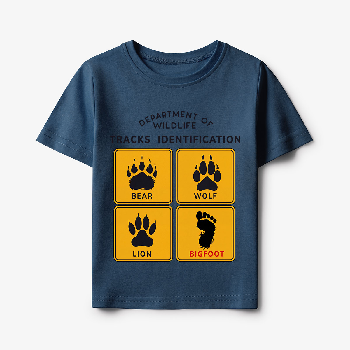 Department of Wildlife Tracks Identification Bear Wolf Lion Cryptids Kids T-Shirt