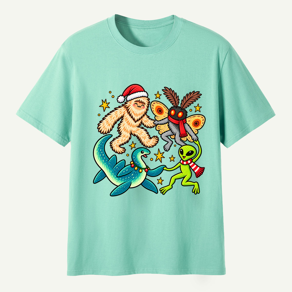 Christmas Cryptid Party Bigfoot Mothman Nessie And Alien T-Shirt