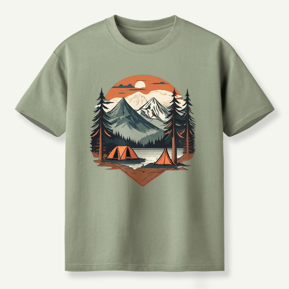 Sunset Mountain Lake Pine Forest Camping T-Shirt