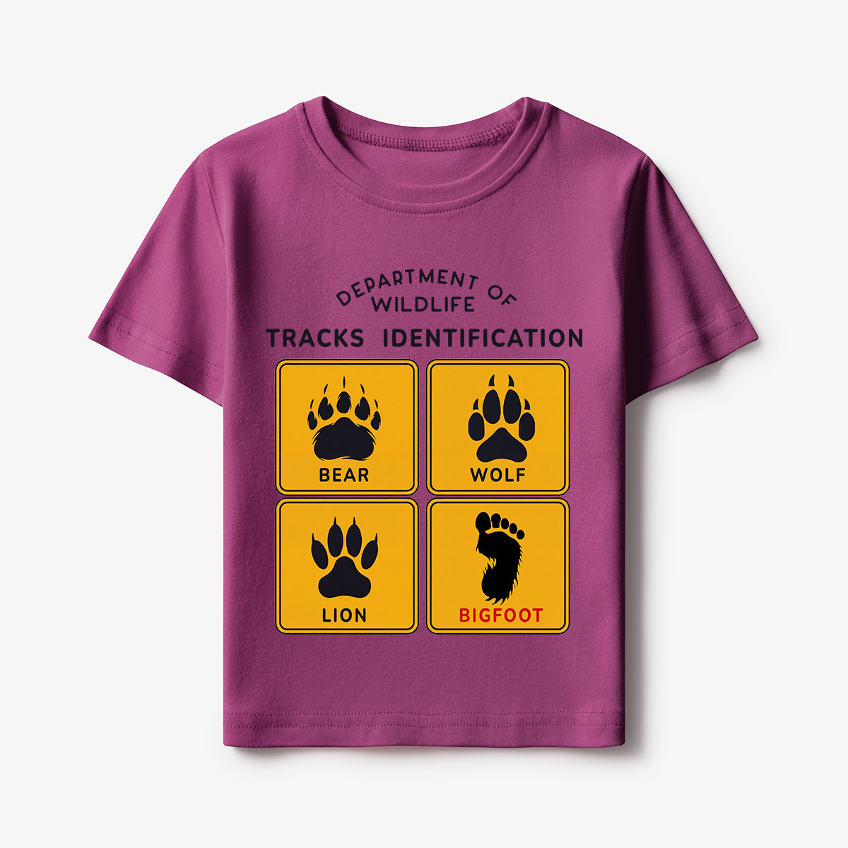 Department of Wildlife Tracks Identification Bear Wolf Lion Cryptids Kids T-Shirt